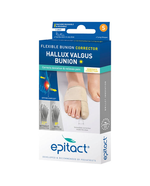 The Epitact Small Bunion Corrector Hallux Valgus Bunion packaging displays a foot with the corrector, focusing on bunion relief and Hallux Valgus correction using breathable fabric. The blue and white design details its effective deviation correction.