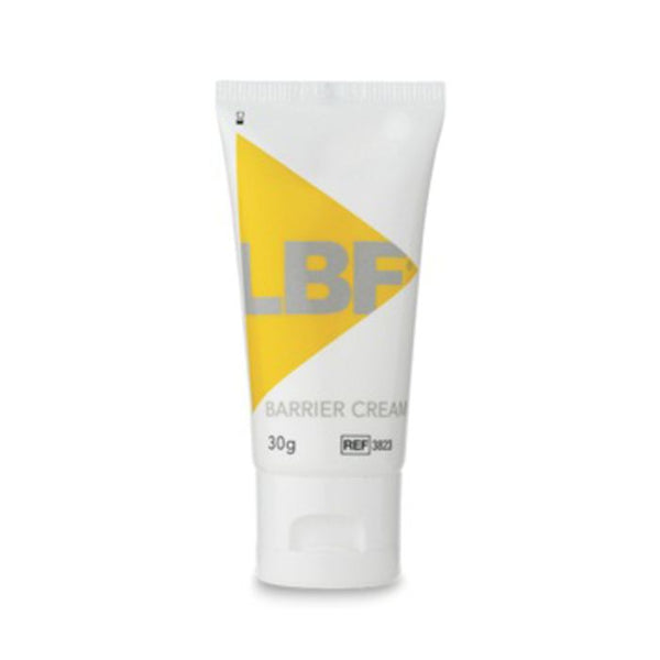 A 30g white tube of LBF barrier cream features a yellow triangle, gray text, and a white cap. Designed for effective pressure ulcer prevention, its essential for skin protection.