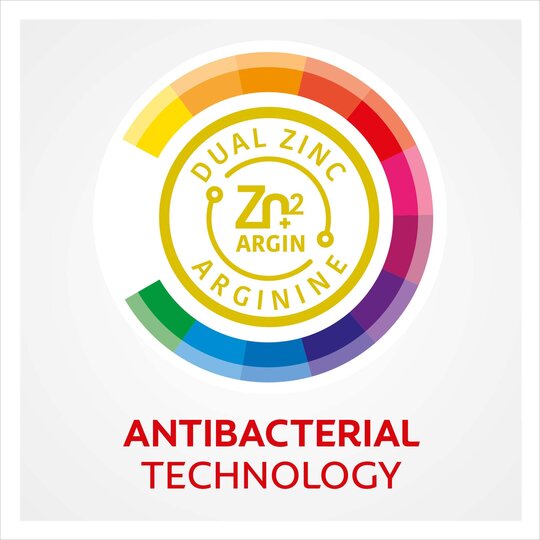 The image shows a circular logo with Dual Zinc Arginine in the center, surrounded by a vibrant border. Below, bold red letters state Antibacterial Technology, emphasizing Colgates Colgate Total Advanced Toothpaste (125ml) focus on oral hygiene and complete protection.