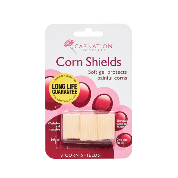 The packaging for Carnation Corn Shields (3 Pack) by Carnation includes three soft polymer gel shields, labeled with a Long Life Guarantee. It claims to protect painful corns while moisturizing skin. The packaging is pink and white with bubble graphics.