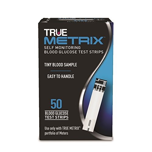 The True Metrix Strips (Pack of 50) by True Metrix are designed for diabetes management, featuring Tiny Blood Sample and Easy to Handle options. The black and blue packaging includes an image of a strip on the right.