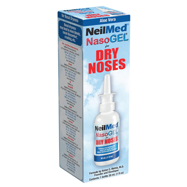 A box of NeilMed Nasogel Dry Noses Spray (114g) appears with blue and white packaging, red “DRY NOSES” text, and an image of the nasal spray—ideal for moisturizing and relieving dry nasal passages.
