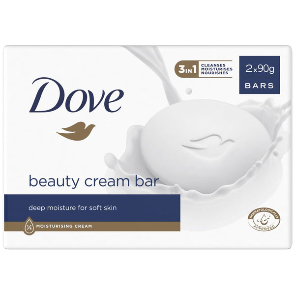 Front of a Dove Original Beauty Cream Bar 2x90g (Twin Pack) package featuring the Dove logo, a white soap bar with moisturising cream, and text highlighting its “3 in 1” gentle cleansing for deep moisture and soft skin.