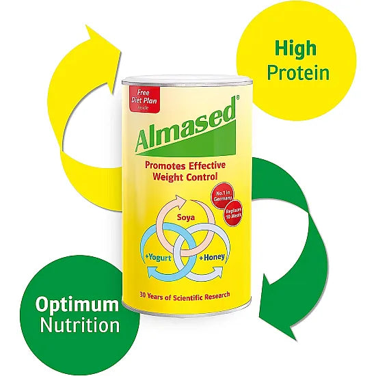 Image of an Almased Meal Replacement Powder (500g) container by Almased. The packaging highlights High Protein and Optimum Nutrition, featuring natural ingredients such as soya, yogurt, and honey. Backed by 30 years of research, its an excellent meal replacement for effective weight loss.