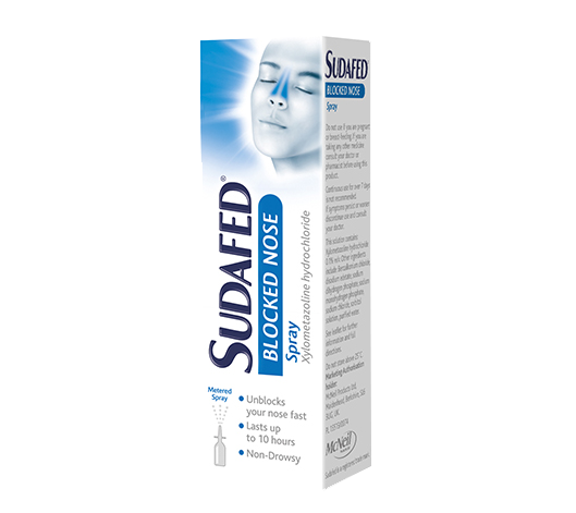 Box of Sudafed Blocked Nose (15ML) Spray with xylometazoline hydrochloride. Highlights include fast congestion relief, lasting up to 10 hours, and non-drowsy formula. Packaging features a serene face image with the product bottle at the bottom.