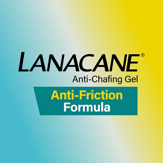 Image with text: Lanacane Anti Chafing Gel (28g) Non-Greasy Formula, set against a gradient teal to yellow background, providing excellent friction protection.