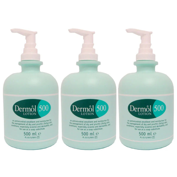 Three bottles of Dermol 500 Lotion Triple Pack X3 (500ml) by Dermol are displayed side by side on a white background. Ideal for dry skin and eczema, the bottles feature light green color with dark green and blue labels and pump dispensers.