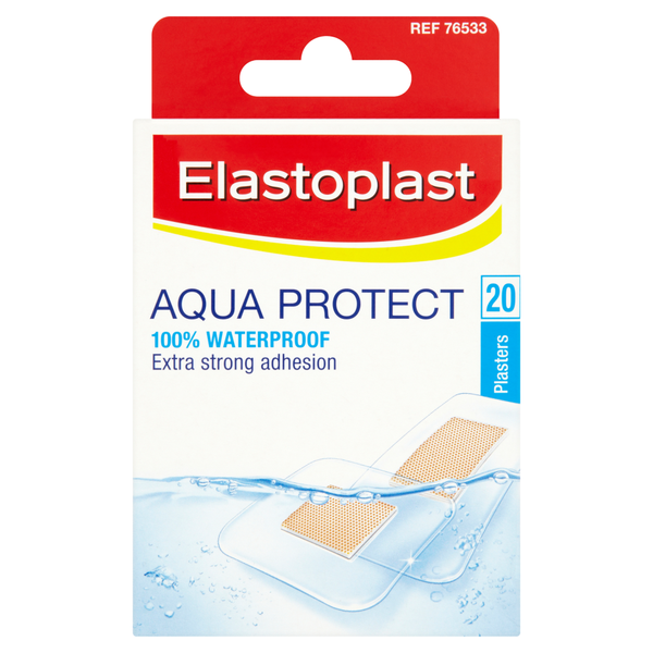 Elastoplast Aqua Protect Plasters offer optimal wound protection with 100% waterproof and extra-strong adhesion features. The red and white box with blue water elements contains 20 plasters, ensuring reliable care.