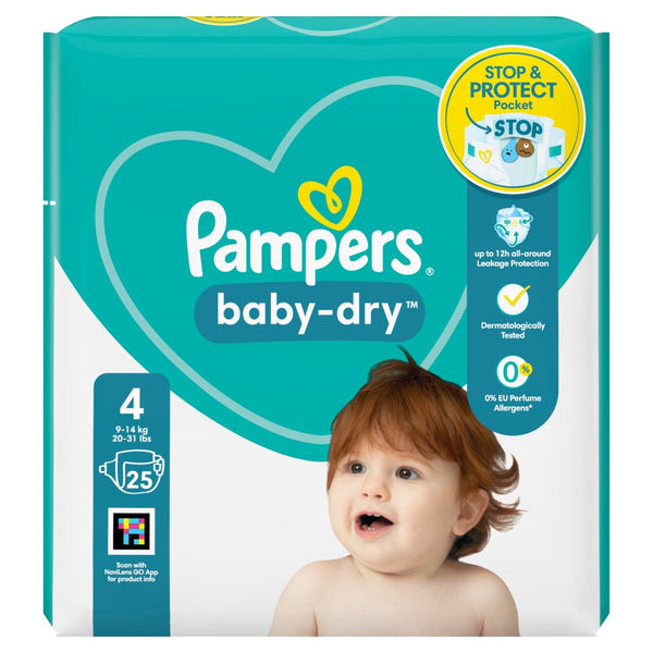 A 25-count package of Pampers Baby Dry Nappies in Size 4 by Pampers, featuring a smiling baby with brown hair on the front and highlighting overnight dryness for leakage protection and hypoallergenic materials that help absorb wetness.
