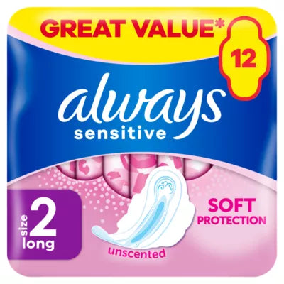 Always Sensitive Long Sanitary Towels Size 2 (12 pack) by Always, featuring an illustration of a pad on the front, are unscented sanitary towels designed to offer effective leakage protection and reliable night-time coverage.