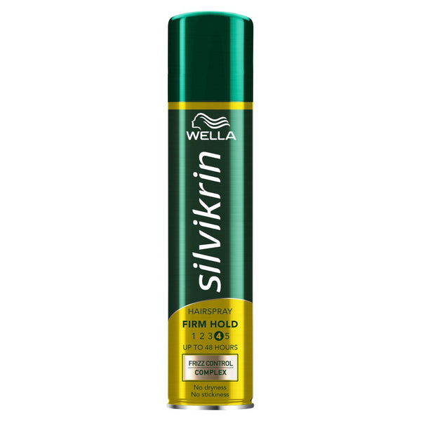 A green and yellow can of Wella Silvikrin Hairspray Firm Hold 4 (250ml) provides long-lasting hold and up to 48 hours of frizz control, leaving no dryness or stickiness.