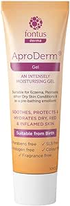 A tube of AproDerm Gel (100g) is labeled as an intensely moisturizing gel for eczema and dry skin. Free from parabens, color, and fragrance, its suitable for use from birth. The tube provides soothing relief in peach and purple colors.