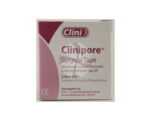 The Clinipore Surgical Tape BP (2.5cm x 5m) is presented in stylish white and pink packaging marked with Non-Woven Adhesive Tape BP. The hypoallergenic tape ensures gentle care, while the address and CE mark are clearly visible at the bottom of the box.