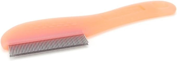 The Shantys Nitcomb-M2 is a peach lice comb with fine metal teeth, ideal for head lice removal. It features a smooth handle with a textured grip for ease of use and an angled design for improved maneuverability during grooming.