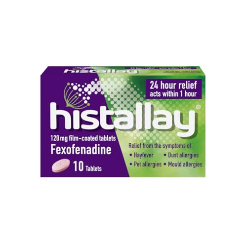 The purple and green box of Histallay Hayfever & Allergy Relief Tablets, containing 10 tablets with 120 mg of fexofenadine hydrochloride, offers effective relief from allergies like hay fever, dust, pet, and mold. This non-drowsy antihistamine provides 24-hour relief starting within an hour.