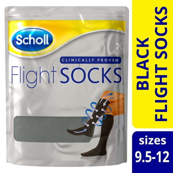 The Scholl Flight Socks Black (Size 9-12) packaging showcases a yellow and blue theme with an image of a leg in the sock. Clinically proven to boost circulation and prevent deep vein thrombosis, these socks promise comfort throughout your journey.