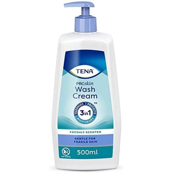 The 500 ml Tena 3-in-1 Wash Cream Alcohol Free has a pump dispenser and a blue and white label showcasing its cleansing, protecting, and moisturizing formula. Its freshly scented, gentle for fragile skin, ideal for incontinence care, and promotes skin health.