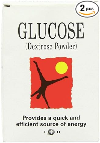 A white box titled Glucose Powder (500g) by Thornton and Ross showcases a dancers silhouette with the sun in the background, stating its an energy boost and a quick, efficient power source at the bottom.