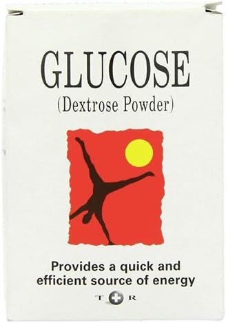 The Glucose Powder (500g) by Thornton and Ross features a cartwheeling silhouette against a red backdrop with a yellow sun, accompanied by the text Provides a quick and efficient energy boost.