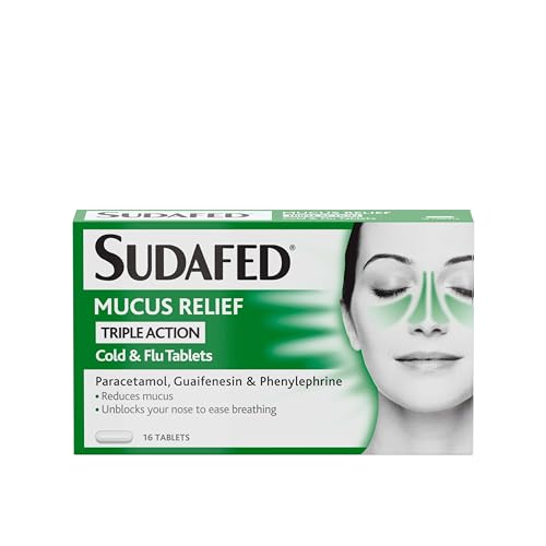 The Sudafed Mucus Relief Triple Action Cold & Flu Tablets come in a green and white box featuring a womans face for comfort, using Paracetamol, Guaifenesin, and Phenylephrine to relieve aches.