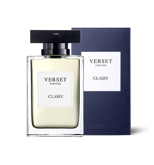 A Verset Classy (100ml) bottle, with its sleek rectangular design and black cap, captures the essence of Oriental Spicy notes. It stands elegantly before a navy blue box featuring matching branding.