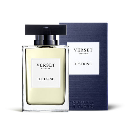 A Verset Its Done (100ml) perfume bottle, crowned with a black cap and adorned by a minimalist label with black text, stands elegantly before its blue box. This sophisticated fragrance enchants with notes of grapefruit and patchouli within a fern woody aroma.