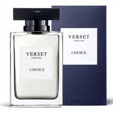 A 100ml bottle of Verset Choice, recognized for its woody chypre scent, is displayed with its matching navy blue box. The transparent bottle, capped in black, contains a clear liquid. Both the bottle and box feature the Verset brand and fragrance name in white text.