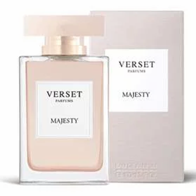 The 100ml Verset Majesty perfume comes in a transparent bottle with an oriental floral scent and patchouli notes. It has a matching beige rectangular cap and is displayed beside its box featuring the same Verset branding on the front.