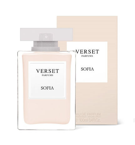 The Verset Sofia (100ml) offers a chypre-fragrant allure. Its rectangular glass bottle, adorned with SOFIA, features a frosted cap and light beige hue, elegantly paired with a matching beige box, presenting an enchanting blend of sophistication.