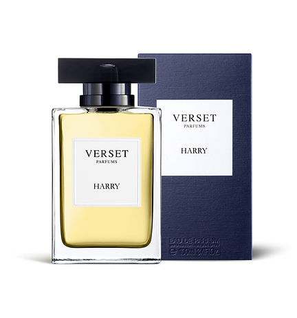 The elegant Verset Harry (100ml) from Verset features a clear rectangular bottle with a black cap, paired with a branding-matching dark blue box. Inside, the Fougere Woody fragrance captivates the senses.