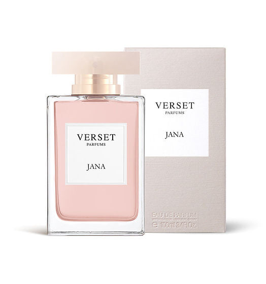 A 100ml bottle of Verset Jana, scented with Ginger Flower, is showcased beside its matching box. The perfume’s pale pink tone pairs with the elegantly designed bottle and box, accented by simple white labels and black text.