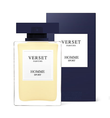 The Verset Homme Sport perfume (100ml) features a dark blue square bottle with a matching cap and label, embodying the energy of an active man with fresh Italian mandarin notes.