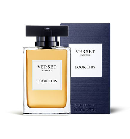 A rectangular glass bottle of Verset Look This (100ml) perfume, with a hint of vanilla in the golden liquid and topped with a black cap, is shown alongside its navy blue box. Both the bottle and box prominently display the Verset brand and product name.