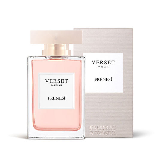 A Verset Frenesi (100ml) eau de parfum bottle, showcasing an Oriental Woody scent and a light pink liquid, sits before its matching beige and white box. The bottle features a minimalistic, elegant clear rectangular design.