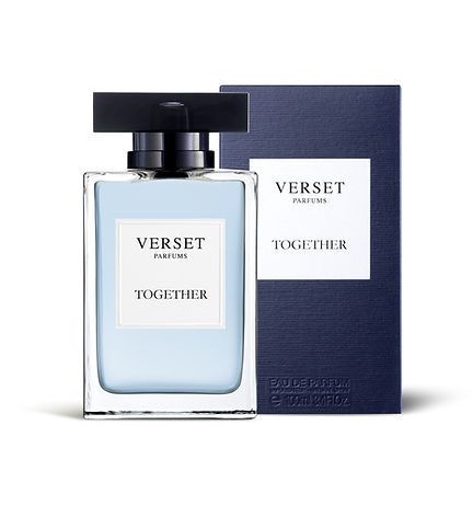 The 100ml Verset Together perfume, from Verset, comes in a clear bottle with a black cap, elegantly paired with a matching blue box. The white label features black text indicating its fougere spicy essence infused with ginger and cinnamon notes, while the box displays product details at the bottom.