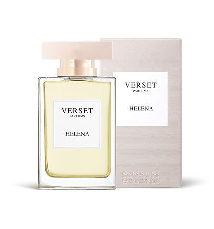 A bottle of Verset Helena (100ml) perfume stands before its matching light beige box. The simple, elegant text hints at a Floral Fruity essence. Its rectangular, transparent body and light cap suggest notes of delicate orchid.