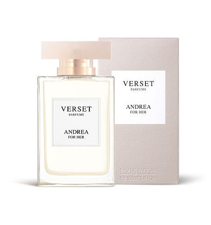 A 100ml bottle of Verset Andrea for Her features the elegance of white musk, placed alongside its beige box. The sophisticated rectangular bottle has a frosted cap and is adorned with a white label showcasing black text.