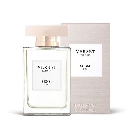 A 100ml bottle of Verset Sensei Piu perfume is displayed before its matching beige box. The sleek rectangular design, with a translucent cap, releases a refreshing hint of apple essence, offering an inviting aroma.