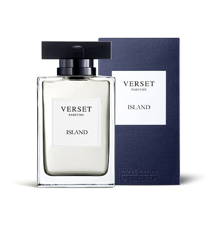 The Verset Island 100ml fragrance is showcased in a clear rectangular bottle with a black cap, complemented by a matching dark blue box. This masculine scent boasts notes of bergamot and amber, with the label displaying the Verset brand and fragrance name in bold black text.