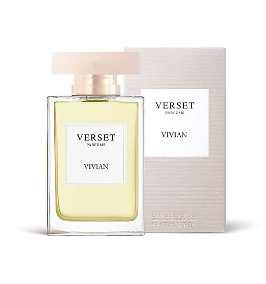 The Verset Vivian (100ml) perfume comes in a clear glass bottle with a light beige rectangular cap, matched by a branded beige box. This elegant fragrance offers Floral Woody undertones, highlighted by the grace of White Rose.