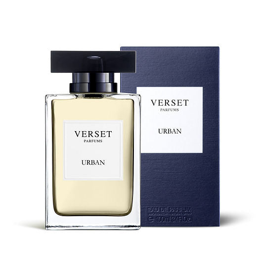 A 100ml bottle of Verset Urban, a captivating mens fragrance, sits before its navy blue box. The clear bottle features a black cap and white label with Verset Urban elegantly displayed on both the bottle and the packaging.