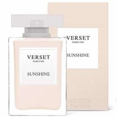 A rectangular 100ml Verset Sunshine perfume bottle, filled with light pink liquid and hints of bergamot, stands before its matching beige box. Both feature similar text. The bottle has a square, transparent cap.