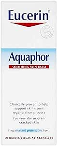 The image shows a 45ml box of Eucerin Aquaphor Soothing Skin Balm, designed for dry skin repair. The packaging highlights that it’s fragrance-free and preservative-free, aiding the skins regeneration process, perfect for very dry or cracked skin.