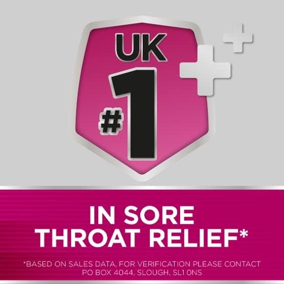 The badge is pink and gray with UK #1 in bold. Below it says: In Sore Throat Relief*. Note: *Based on sales data, featuring hexylresorcinol. For verification, contact PO Box 4044, Slough, SL1 0NS. Product: Strepsils Extra Triple Action Cherry Lozenges (24 Pack), Brand: Strepsils.