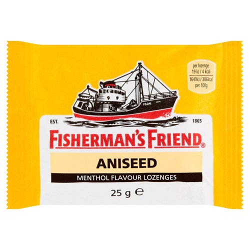 Fishermans Friend Aniseed Menthol Lozenges 25g (24 Packs): Classic cough relief in a yellow packet with fishing boat imagery. Enjoy the distinctive aniseed flavor from Fishermans Friend.
