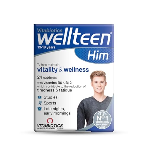 Wellteen Vitabiotics Him Original (30 tablets) promotes vitality and wellness for males aged 13-19. It contains 24 nutrients, including vitamins B6 and B12, to reduce tiredness. The packaging features an image of an active, smiling young person.