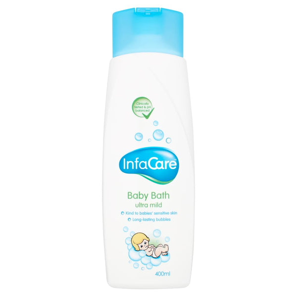 The Infacare Ultra Mild Baby Bubble Bath (400ml) by INFACARE comes in a white bottle with a blue cap, featuring playful bubbles and a cartoon baby. Its gentle formula is ideal for sensitive skin, creating long-lasting bubbles and is dermatologically tested for safety.