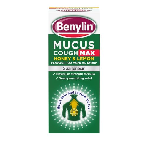 Benylin Mucus Cough Max Honey & Lemon Flavour Syrup (150ml) contains 100 mg of Guaifenesin per 5 ml, offering maximum strength with honey and lemon taste, enhanced by levomenthol for deep relief. A diagram illustrates its effectiveness in thinning mucus.