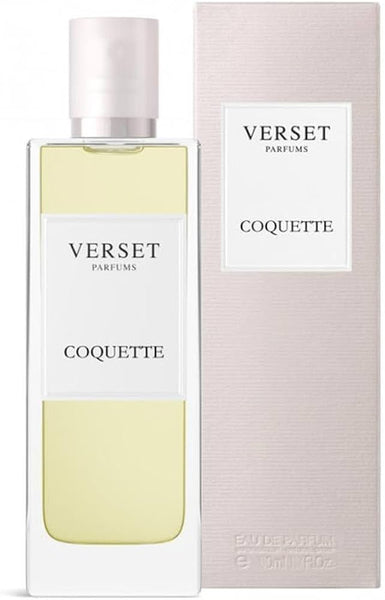 A 50ml Verset Coquette perfume bottle is placed beside its light pink box, both featuring the Verset Coquette name in black text on a white label.