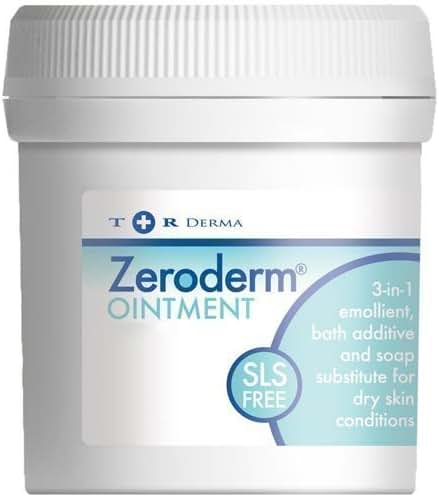 A white container of Zeroderm Ointment (125g) by Zeroderma is shown. The label indicates its a moisturizing 3-in-1 emollient, serving as a bath additive and soap substitute for dry skin, and proudly SLS free.